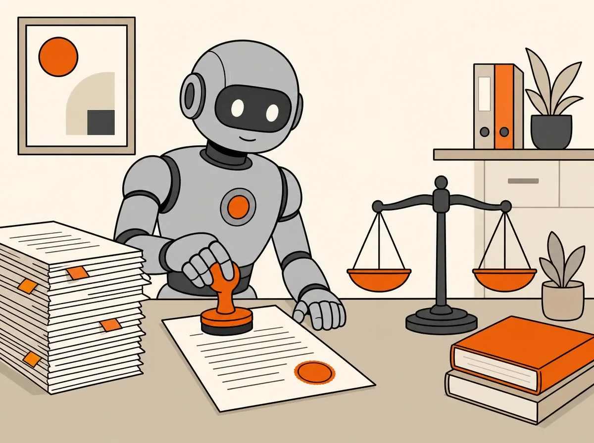 AI legal agent with documents, a stamp and the scales of justice
